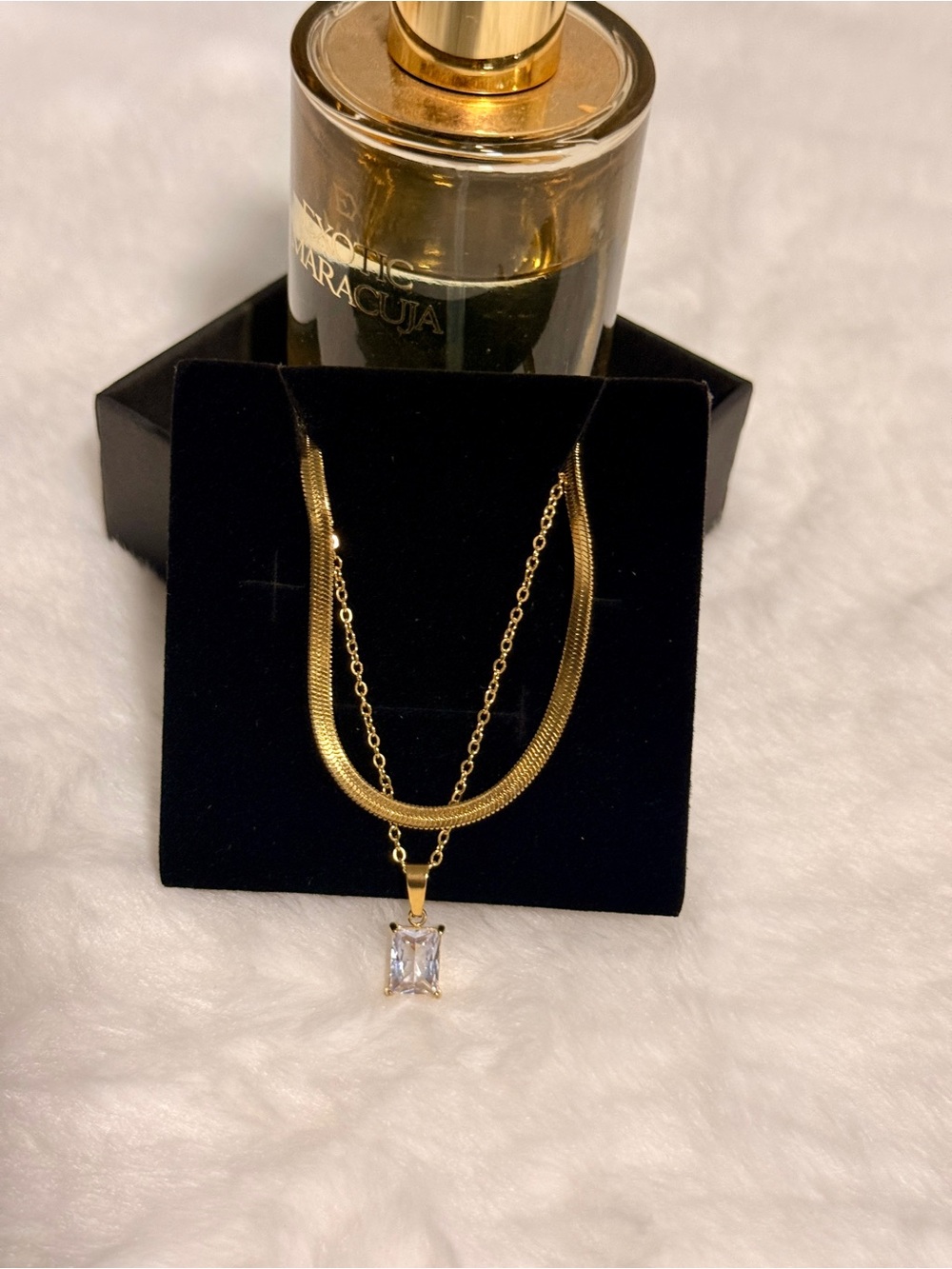 Gold Layered Necklace with Clear Stone Pendant ✨